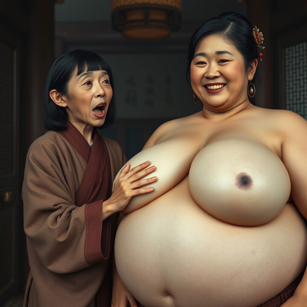 In a medieval Chinese house, a short and emaciated young Indonesian woman is loudly shouting while wearing a long, fully closed Buddhist robe, with medium-length hair and bangs