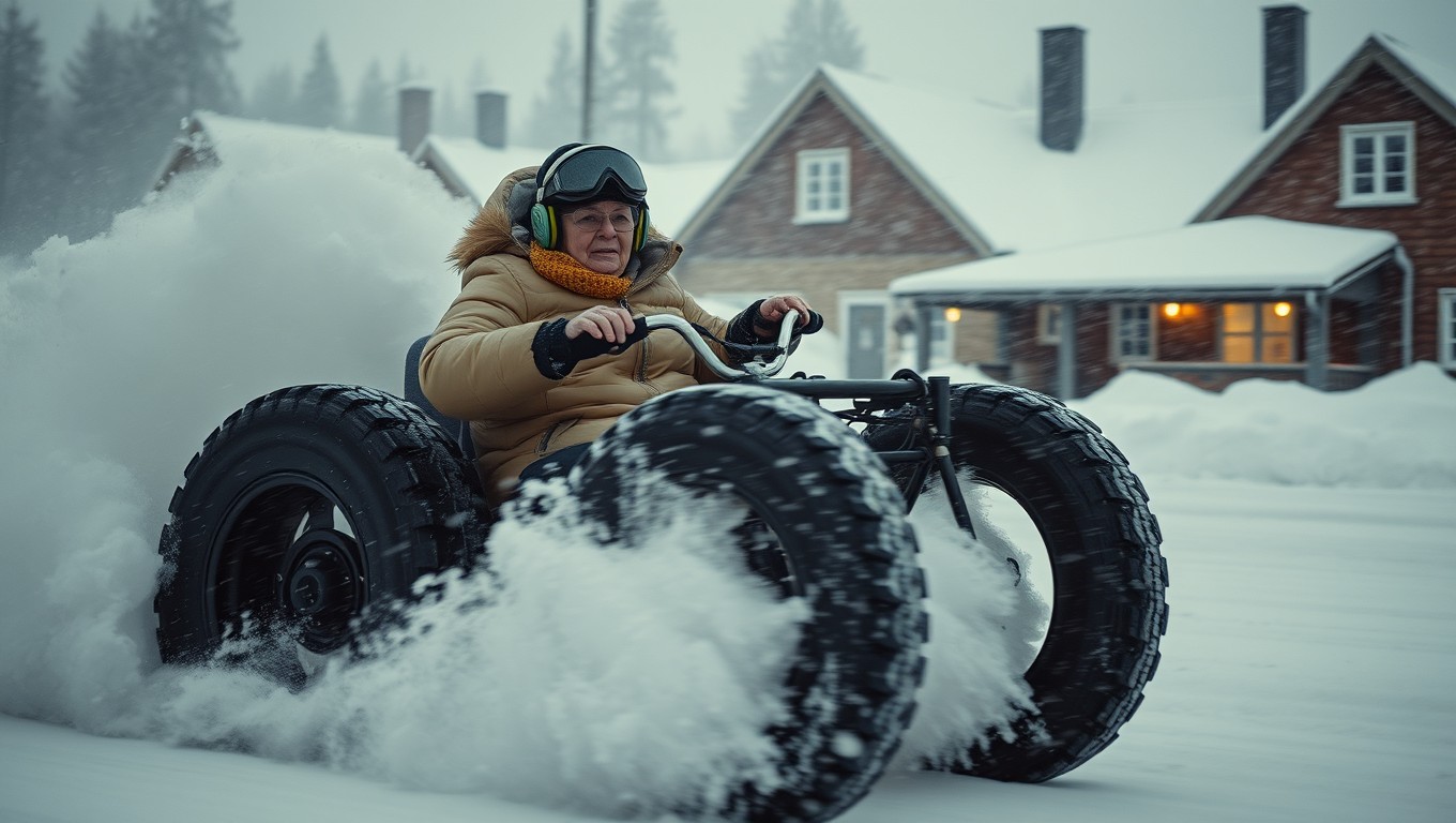 A Finnish grandmother speeding through a Lapland border town amidst a blizzard, driving a rollator equipped with huge car tires