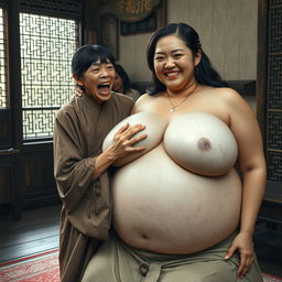 In a medieval Chinese house, a short and emaciated young Indonesian woman is loudly shouting while wearing a long, fully closed Buddhist robe, with medium-length hair and bangs