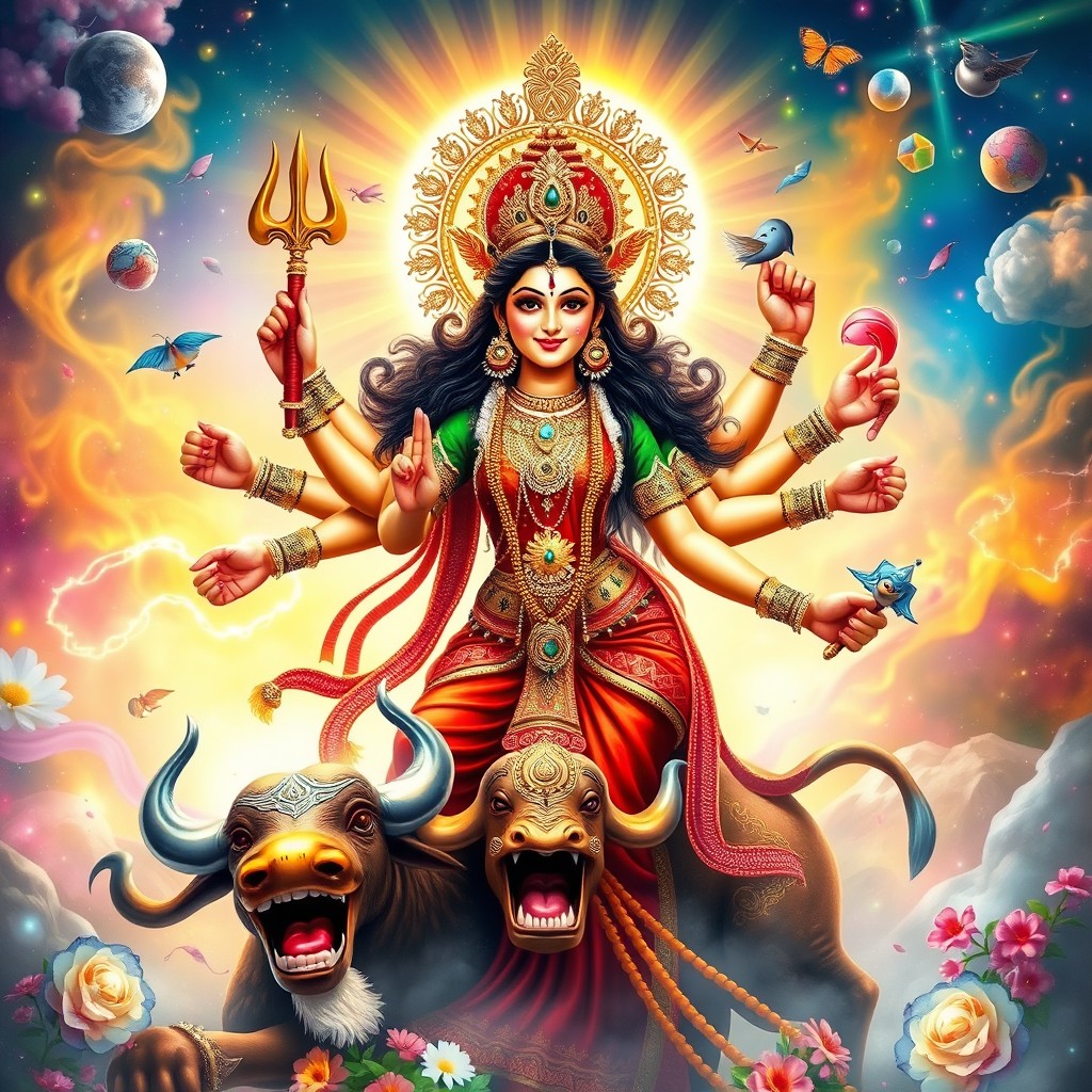 A stunning depiction of Goddess Durga, the divine feminine power, adorned with intricate jewelry and vibrant traditional clothing