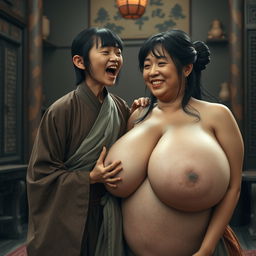 In a medieval Chinese house, a short and emaciated young Indonesian woman is loudly shouting while wearing a long, fully enclosed Buddhist robe, with medium-length hair and bangs