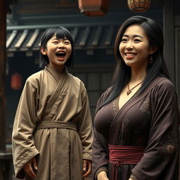 A medieval Chinese house setting, featuring a young, short, and undernourished Indonesian woman passionately shouting, dressed in a long, fully closed Buddhist robe