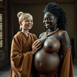 In a medieval room, a young blonde woman who is notably short and emaciated is joyfully smiling while dressed in a long, fully closed Buddhist robe, with her hair styled in a bun