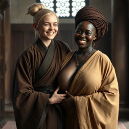 In a medieval room, a young blonde woman who is notably short and emaciated is joyfully smiling while dressed in a long, fully closed Buddhist robe, with her hair styled in a bun