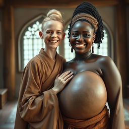 In a medieval room, a young blonde woman who is notably short and emaciated is joyfully smiling while dressed in a long, fully closed Buddhist robe, with her hair styled in a bun