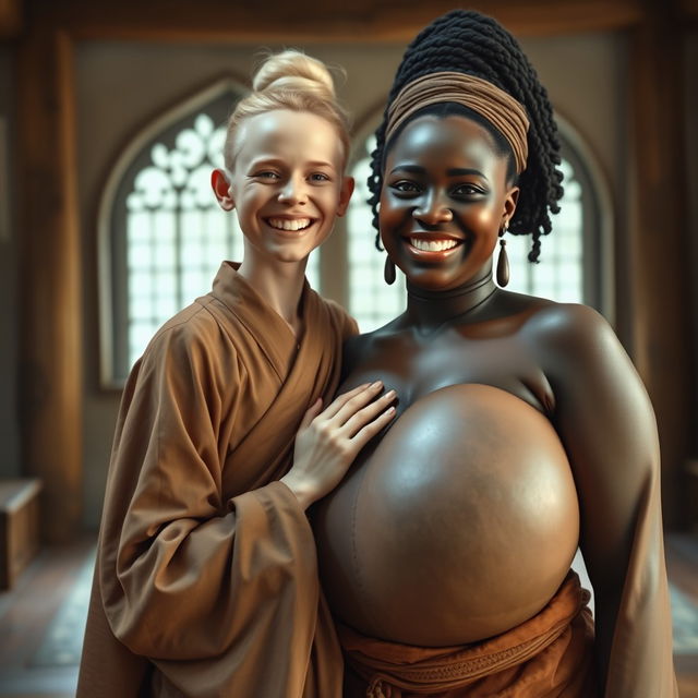 In a medieval room, a young blonde woman who is notably short and emaciated is joyfully smiling while dressed in a long, fully closed Buddhist robe, with her hair styled in a bun