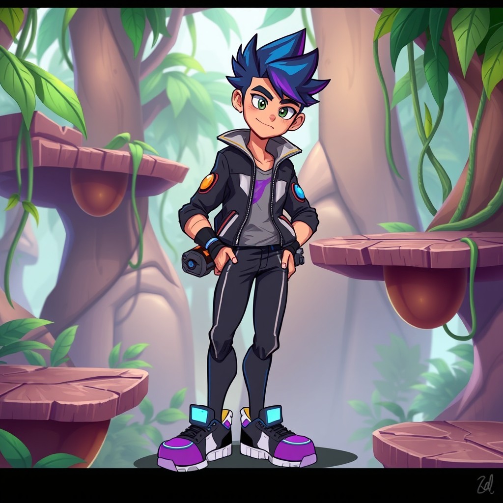 A vibrant and dynamic character design for a 2D platform game, showcasing a fun and adventurous protagonist