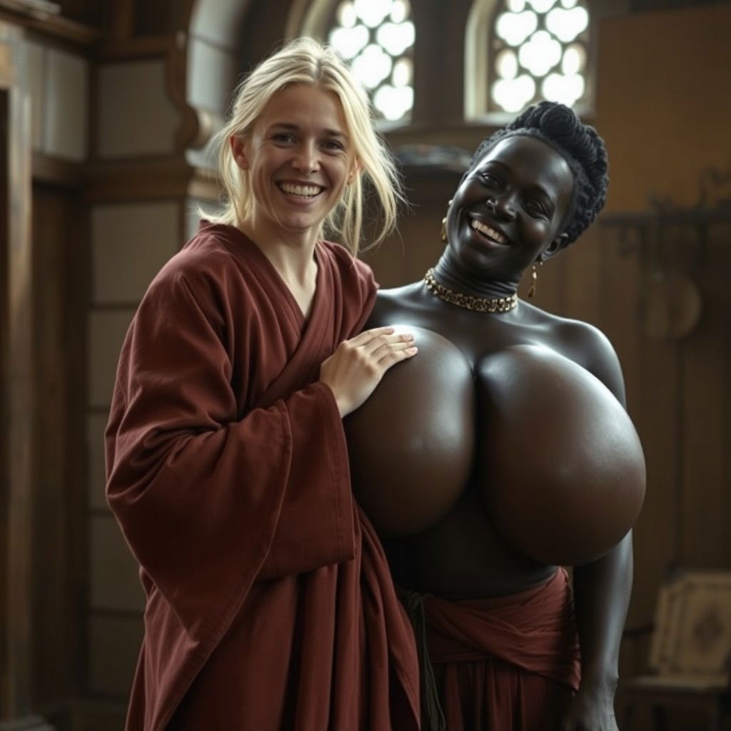 In a medieval room, a very short and undernourished young blonde woman is joyfully wearing a long closed Buddhist robe, her medium blonde hair split in the middle