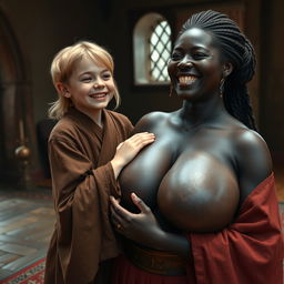 In a medieval room, a very short and undernourished young blonde woman is joyfully wearing a long closed Buddhist robe, her medium blonde hair split in the middle