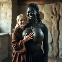 In a medieval room, a very short and undernourished young blonde woman is joyfully wearing a long closed Buddhist robe, her medium blonde hair split in the middle