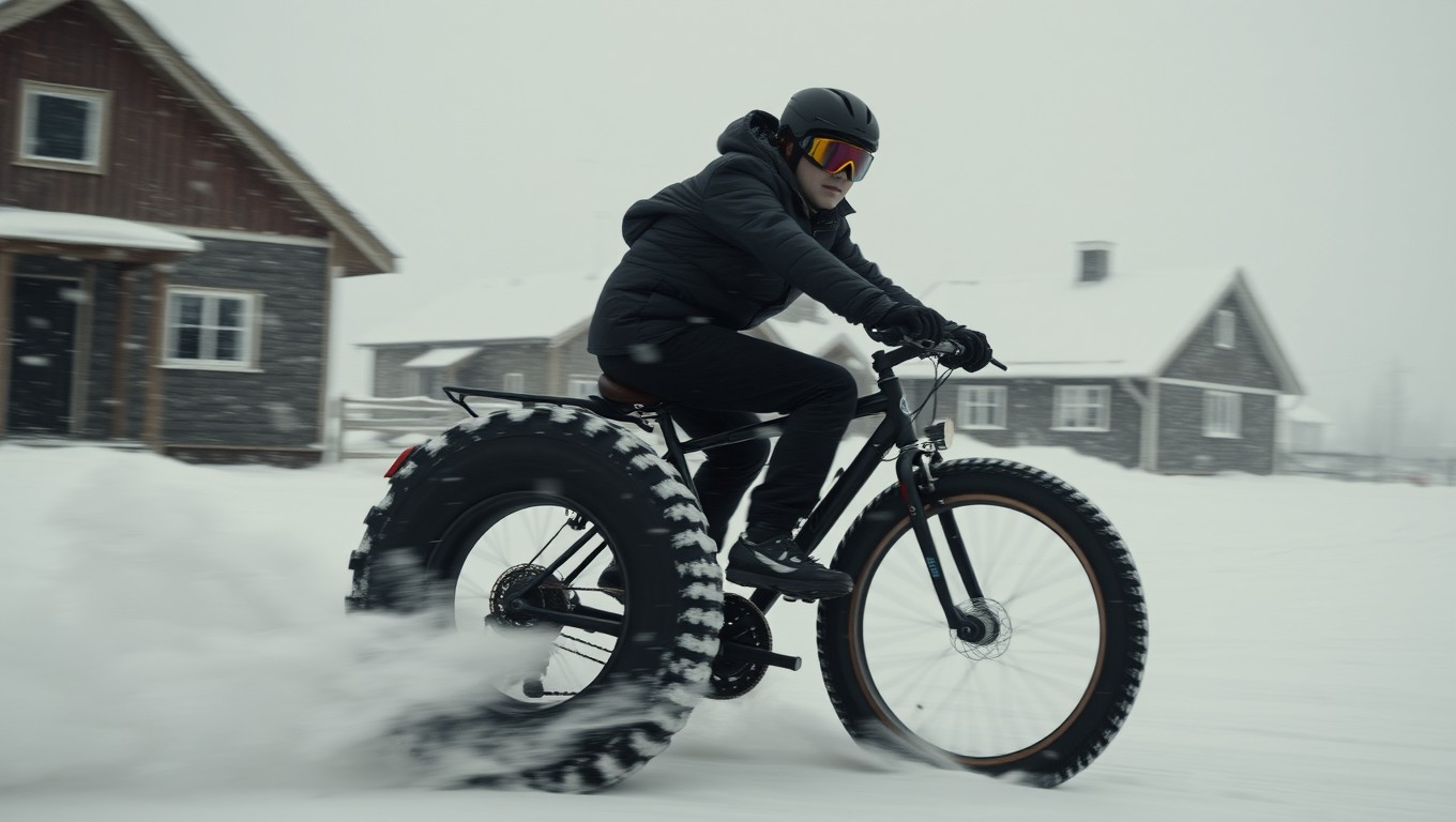 A cinematic and moody establishing shot featuring a Finnish newspaper boy speeding through a Lapland border town during a blizzard