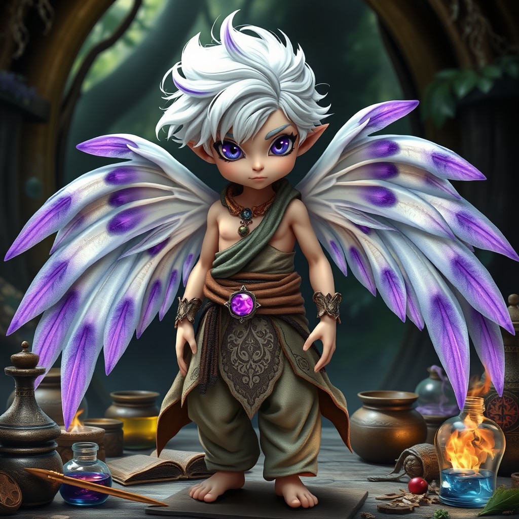 A tiny male Fairy, a ghostly presence standing at 91 cm, embodies the essence of a Shaman