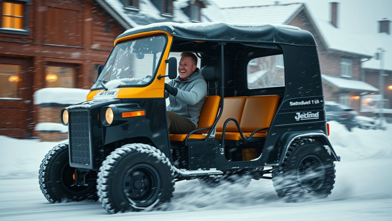 A cinematic and moody establishing shot of a black cab driver joyfully driving fast through a Lapland border town in the midst of a blizzard