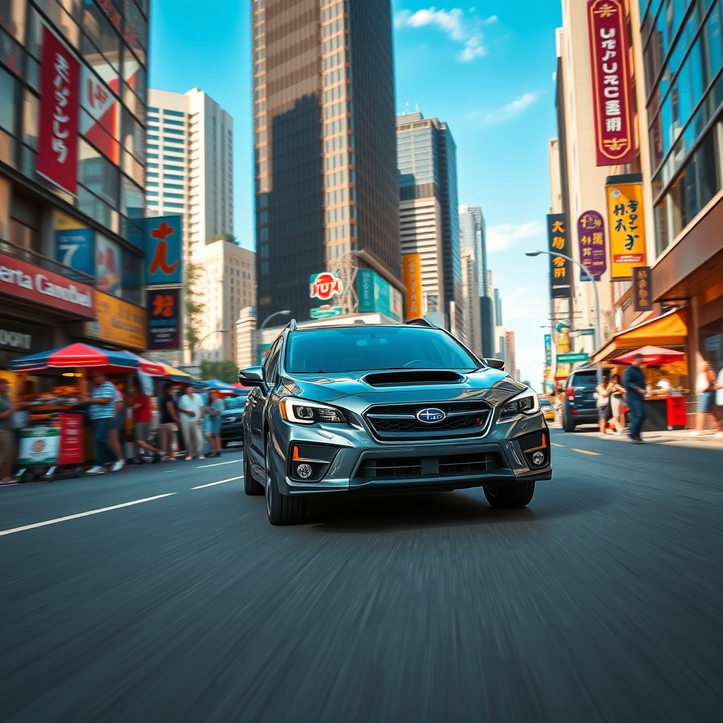 A dynamic scene of a left-hand drive Subaru car navigating through a vibrant cityscape