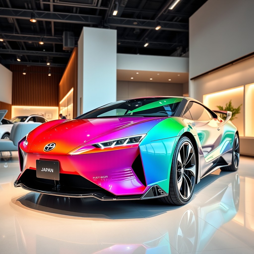 A sleek and modern Japanese car, custom-designed and beautifully displayed in a showroom setting