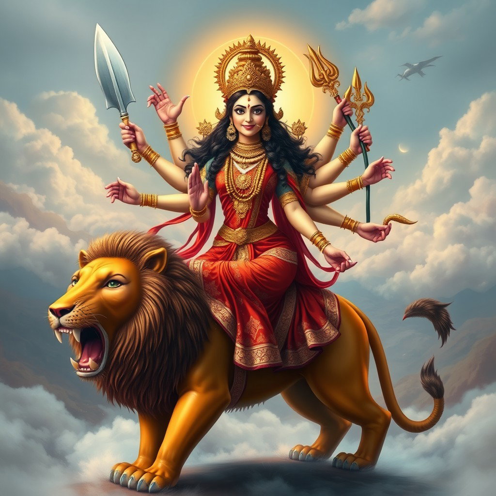 A mesmerizing depiction of the Hindu goddess Durga, portrayed with her ten arms gracefully holding various weapons, like a sword, a trident, and a bow