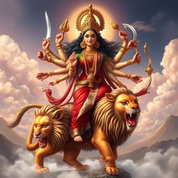 A mesmerizing depiction of the Hindu goddess Durga, portrayed with her ten arms gracefully holding various weapons, like a sword, a trident, and a bow