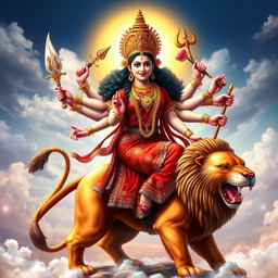 A mesmerizing depiction of the Hindu goddess Durga, portrayed with her ten arms gracefully holding various weapons, like a sword, a trident, and a bow
