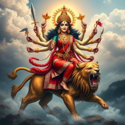 A mesmerizing depiction of the Hindu goddess Durga, portrayed with her ten arms gracefully holding various weapons, like a sword, a trident, and a bow