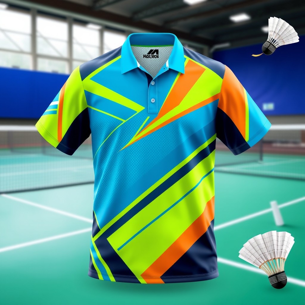 A vibrant and dynamic badminton shirt designed for athletes, featuring a modern, sporty look with a breathable fabric pattern