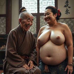 In a room from the Ming Dynasty, an elderly Chinese woman, short and emaciated with decayed teeth, is wearing a long, fully closed Buddhist robe