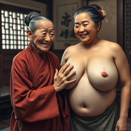 In a room from the Ming Dynasty, an elderly Chinese woman, short and emaciated with decayed teeth, is wearing a long, fully closed Buddhist robe