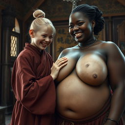 In a medieval room, a young, very short, undernourished blonde woman with rotten teeth is dressed in a long, fully-closed Buddhist robe, with her hair styled in a bun