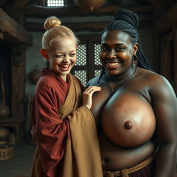In a medieval room filled with historical elements, a young, very short, undernourished blonde woman with rotten teeth wears a long, fully-closed Buddhist robe, her hair styled in a bun