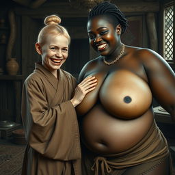 In a medieval room filled with historical elements, a young, very short, undernourished blonde woman with rotten teeth wears a long, fully-closed Buddhist robe, her hair styled in a bun
