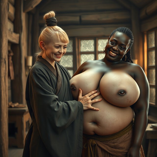 In a medieval room filled with historical elements, a young, very short, undernourished blonde woman with rotten teeth wears a long, fully-closed Buddhist robe, her hair styled in a bun