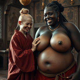 In a medieval room, a young, very short, undernourished blonde woman with rotten teeth is dressed in a long, fully-closed Buddhist robe, her hair styled in a bun