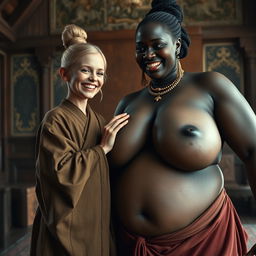 In a medieval room, a young, very short, undernourished blonde woman with rotten teeth is dressed in a long, fully-closed Buddhist robe, her hair styled in a bun