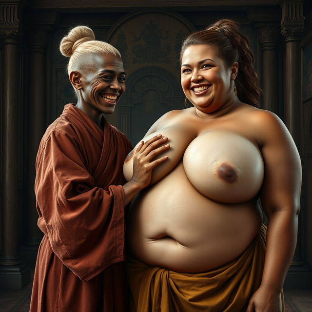 In a medieval room, a young, very short, undernourished blonde woman with rotten teeth is dressed in a long, fully-closed Buddhist robe, her hair styled in a bun