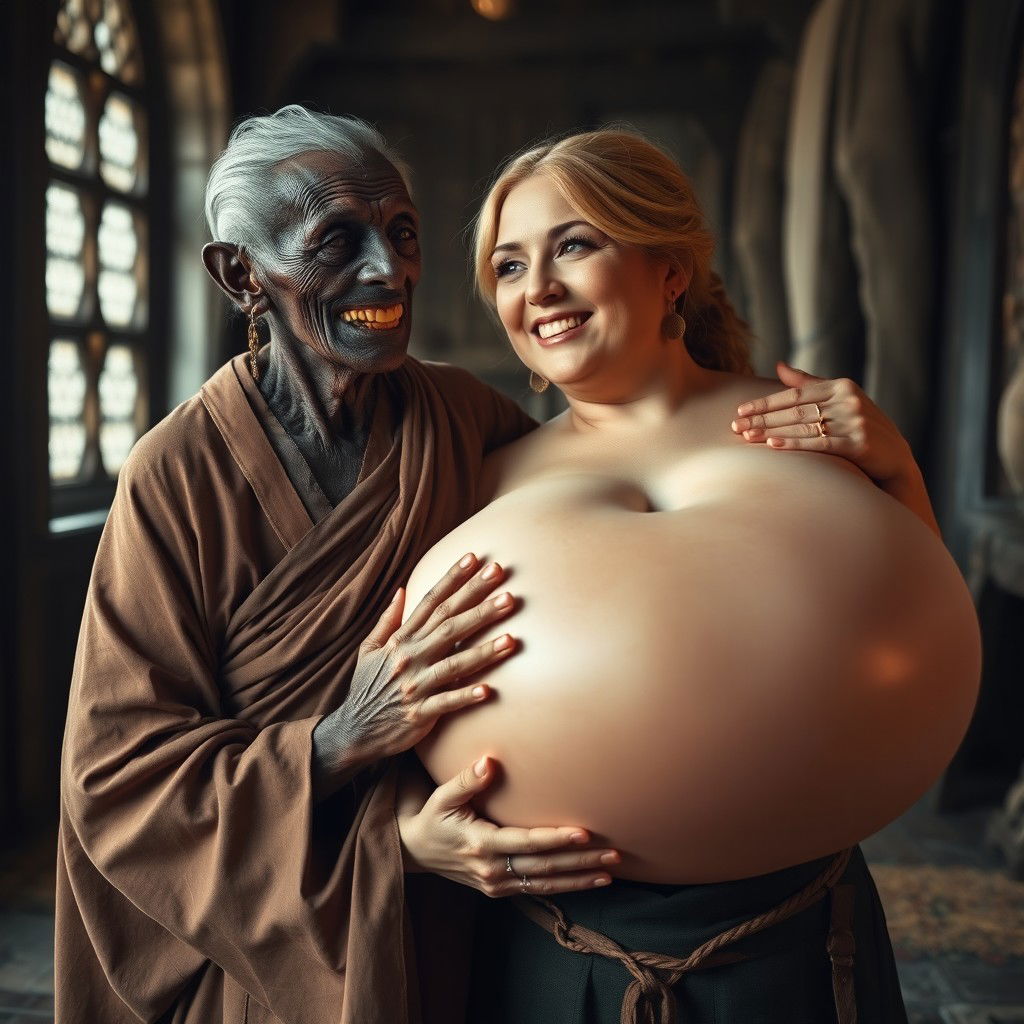 In a medieval room, an elderly black woman, short and emaciated with rotten teeth and pointed ears, is dressed in a long, fully closed Buddhist cloak