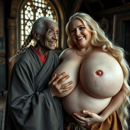 In a medieval room, an elderly black woman, short and emaciated with rotten teeth and pointed ears, is dressed in a long, fully closed Buddhist cloak