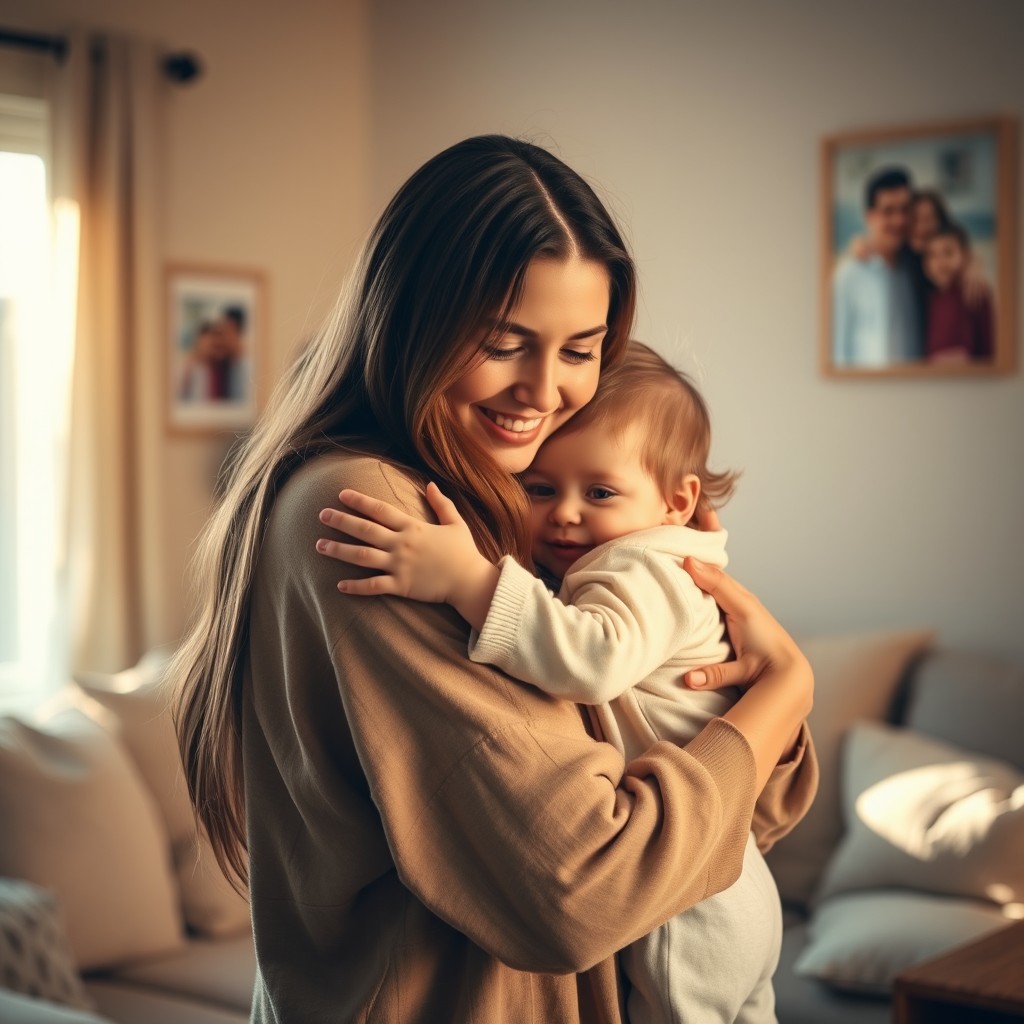 A heartwarming scene capturing a young child hugging their mother affectionately, set in a cozy home environment filled with warm light