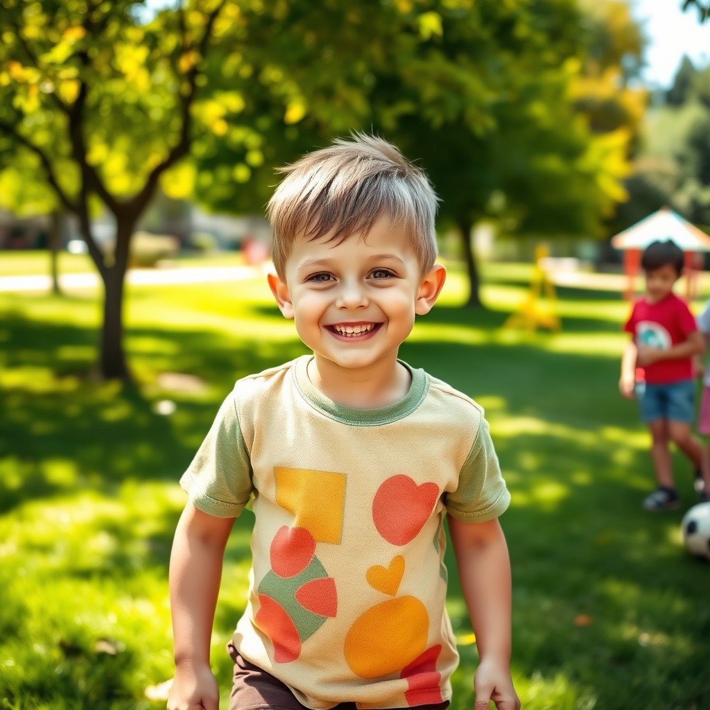 A charming scene featuring a young boy, with bright eyes and a playful smile, playing in a sunny park