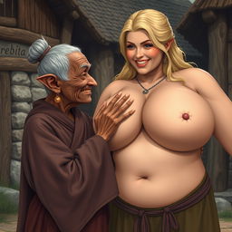In a medieval village, there is a short, elderly African woman, malnourished with crooked teeth and pointed ears, dressed in a long, fully closed Buddhist robe