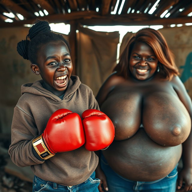 In an abandoned, poor shack in Africa, a frantic 18-year-old malnourished black African woman is wearing boxing gloves, her deep black skin glistening