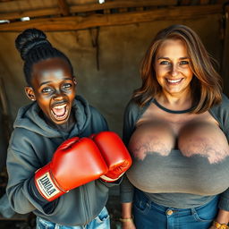 In an abandoned, poor shack in Africa, a frantic 18-year-old malnourished black African woman is wearing boxing gloves, her deep black skin vibrant against her surroundings