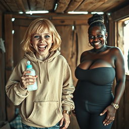 In a poor shack, the scene features a lively and eccentric 22-year-old malnourished woman with medium-length blonde hair and striking blue eyes, energetically shouting with a wide, playful grin while holding a baby bottle