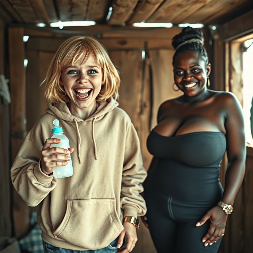 In a poor shack, the scene features a lively and eccentric 22-year-old malnourished woman with medium-length blonde hair and striking blue eyes, energetically shouting with a wide, playful grin while holding a baby bottle