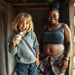 In a poor shack, the scene features a lively and eccentric 22-year-old malnourished woman with medium-length blonde hair and striking blue eyes, energetically shouting with a wide, playful grin while holding a baby bottle