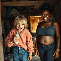 In a poor shack, there's a lively scene depicting a 22-year-old eccentric malnourished woman with medium-length blonde hair and striking blue eyes