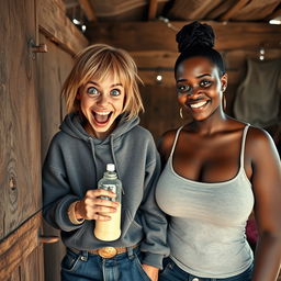In a poor shack, there's a lively scene depicting a 22-year-old eccentric malnourished woman with medium-length blonde hair and striking blue eyes