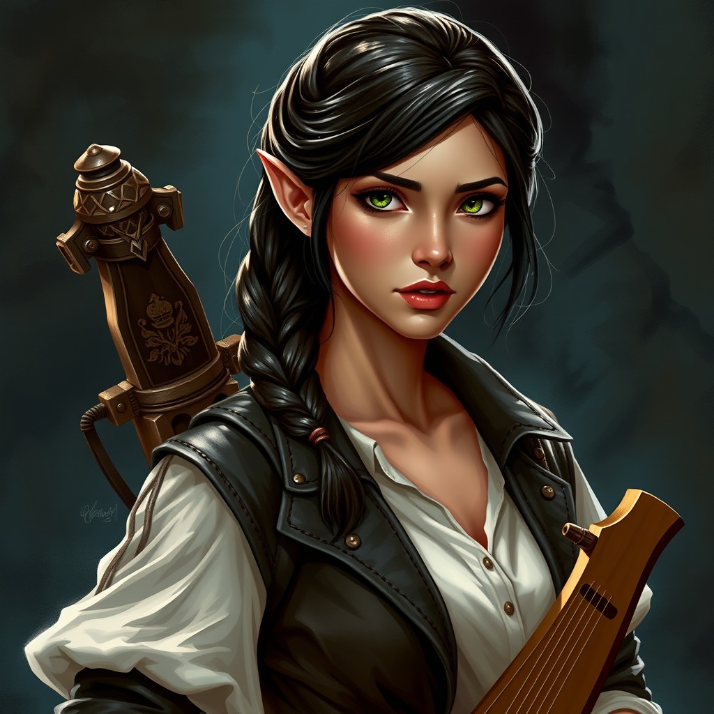 A stunning half-elf bard with dark brown hair styled in a pretty side braid, vivid green eyes, and slightly tanned skin accentuates her attractive lips