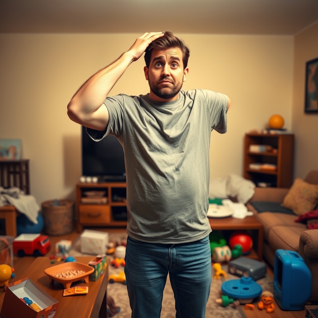 A confused father standing in a messy living room, wearing a casual t-shirt and jeans, scratching his head in bewilderment