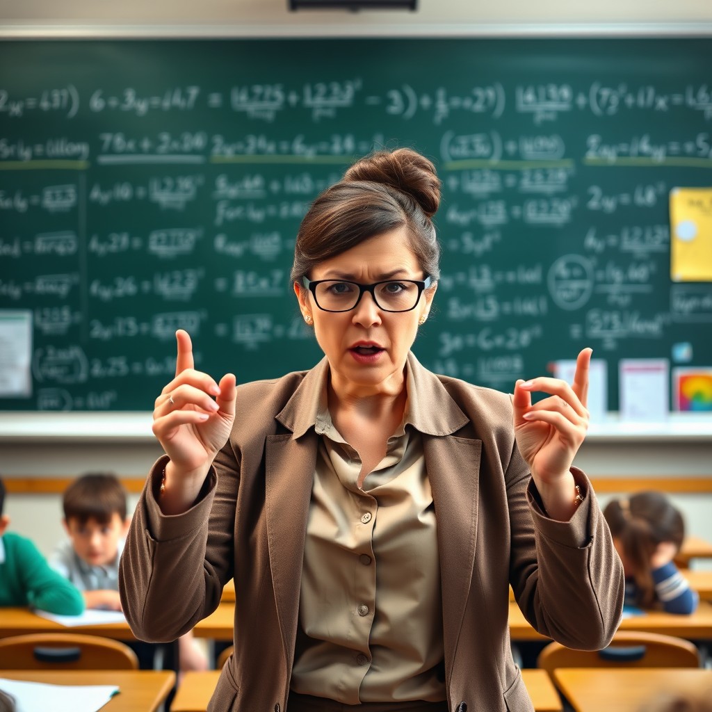 An angry teacher in a classroom, standing in front of a blackboard filled with complex math equations