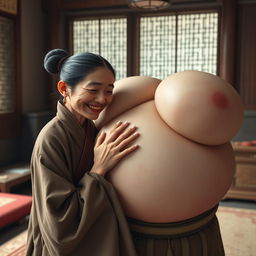 In a room from the Ming Dynasty, a young Chinese woman, distinctly short and emaciated with rotten teeth, is wearing a long, fully closed Buddhist robe