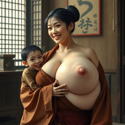 In a room from the Ming Dynasty, a young Chinese woman, distinctly short and emaciated with rotten teeth, is wearing a long, fully closed Buddhist robe